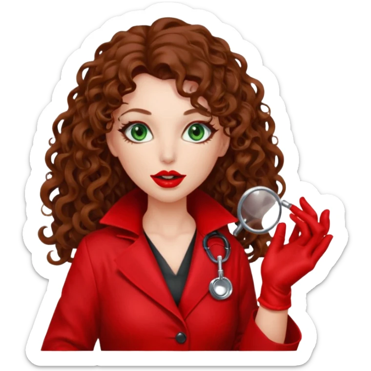 Lilith symbol sexy evil woman. She has green eyes.  had brown long curly hair.  evil surgeon kills with scalpel wears red sexy doctor coat with red mouth cover red gloves. Covers nose, neck  and mouth with red cloth sticker