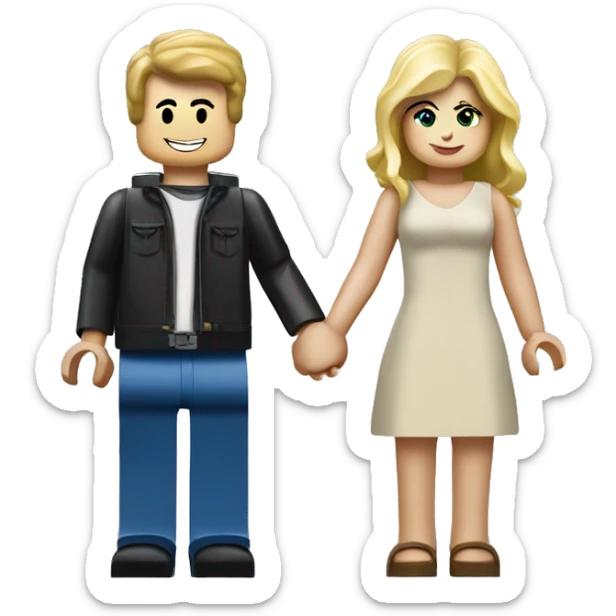 a blonde girl and brunette boy as lego people holding hands sticker