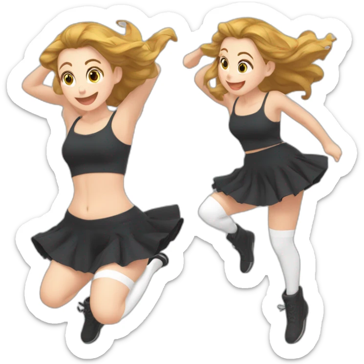 full-body-caucasian-curvy-beauty-jumping-short-black-skirt-back-and-front-views-strong-wind-knickers-long-white-socks sticker