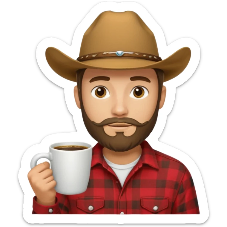 generate an ios genmoji of a 20 year old tan boy with a cowboy hat and side burn beard. Wearing a flannel and carrying a coffee mug sticker