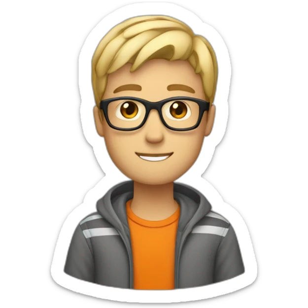 guy with black glasses dirtyblonde short hair with orange tshirt and gray striped scarf sticker