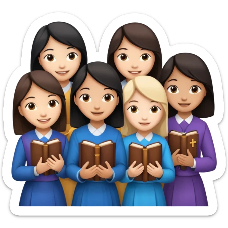 eight asian girls talking to each other holding bibles and crosses sticker