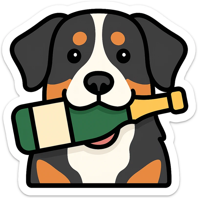 bernese mountain dog with a toy champagne bottle in its mouth sticker
