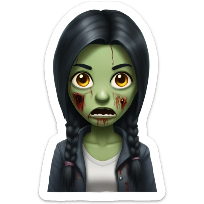 girl zombie with black long hair with teeth and serious face  sticker