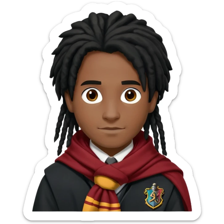 Luke Youngblood is Lee Jordan in harry potter, wear hogwarts uniform, dreadlocks black  hair, black skin,  gryfindor scarf around neck sticker