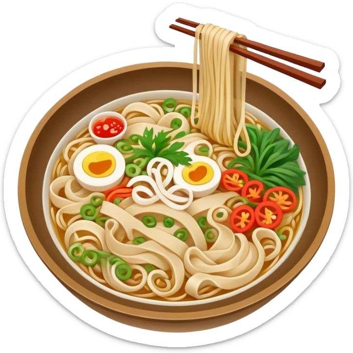 Yunnan over-the-bridge rice noodles with separate ingredients, simplified emoji style with bold outlines and bright colors, cartoon style Chinese noodle dish sticker