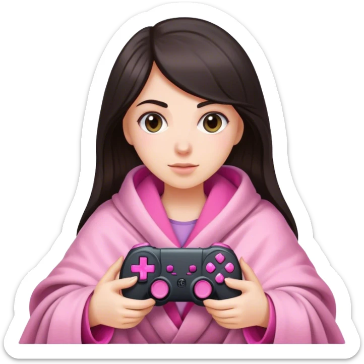 White girl with dark hair wrapped up in a blanket with a pink gaming controller in her hands sticker