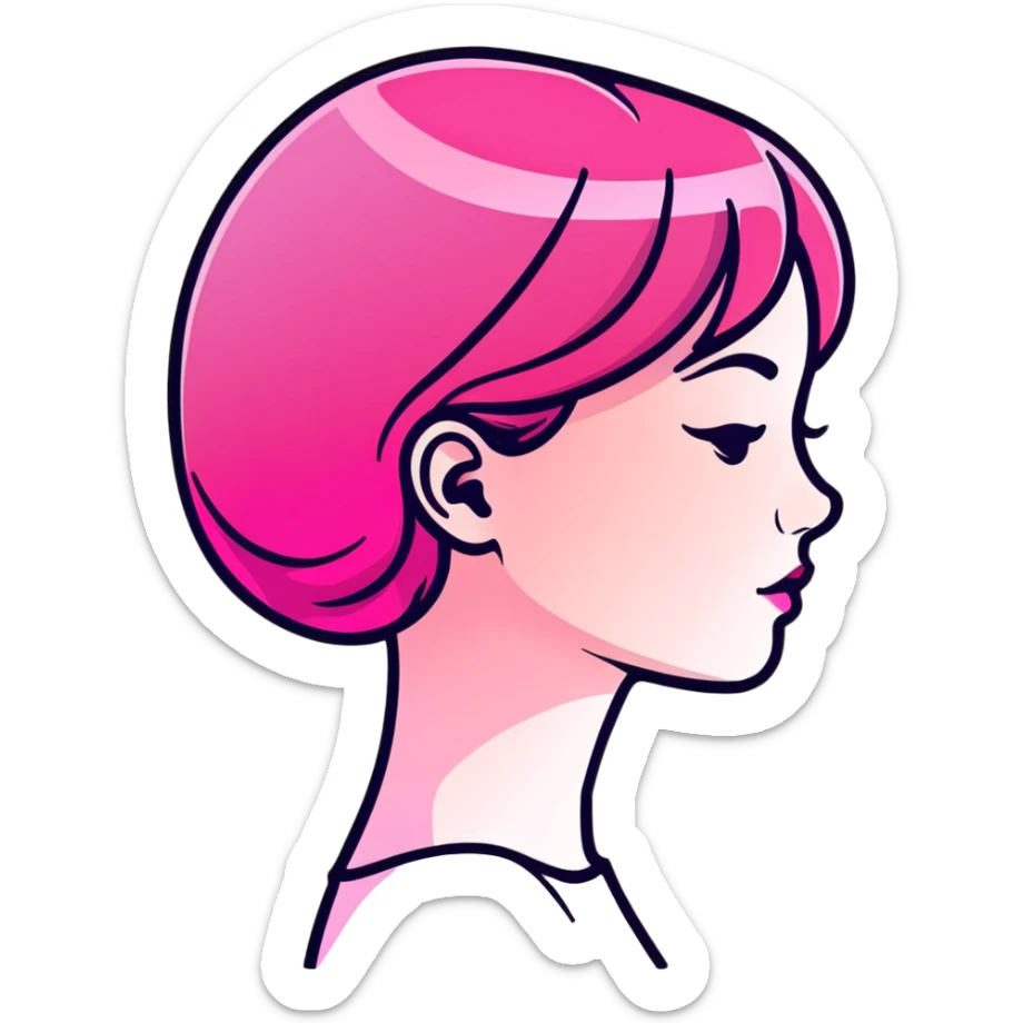 Girl in profile view with curved silhouette, transparent glass style, bright pink gradient, with highlights and shadows, minimalist design sticker