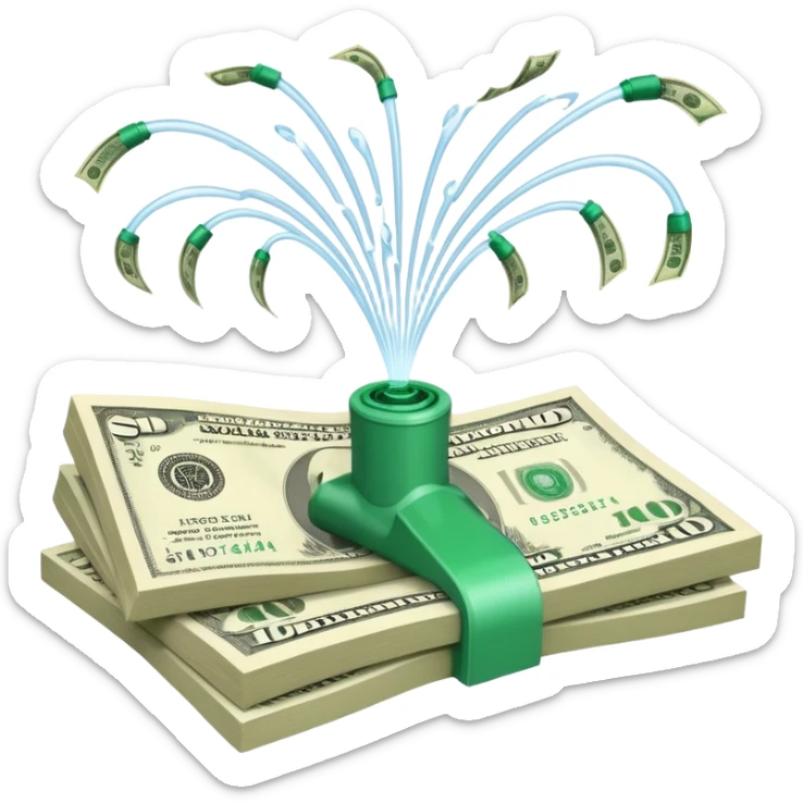Sprinkler system shooting out streams of dollar bills, instead of water, clearly showing financial benefit sticker