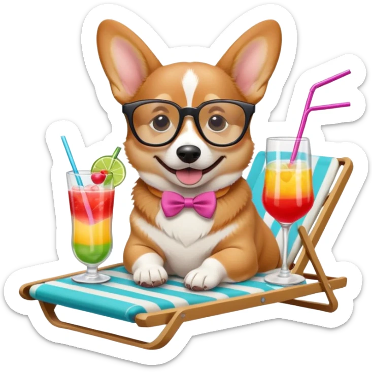 cute corgi dog lying on a beach lounger, wearing stylish glasses, happily sipping a colorful cocktail drink through a straw, emoji style sticker