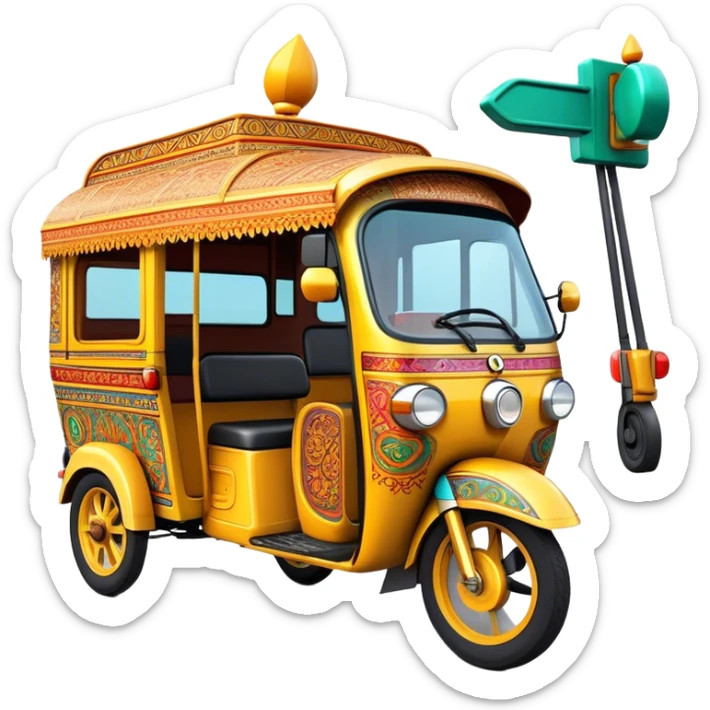 Cinematic Realistic Indian Auto Rickshaw Emoji, depicted as a colorful, bustling auto rickshaw with intricate designs and vibrant hues, rendered with lively textures and dynamic urban lighting that captures its quintessential presence in Indian cities. sticker
