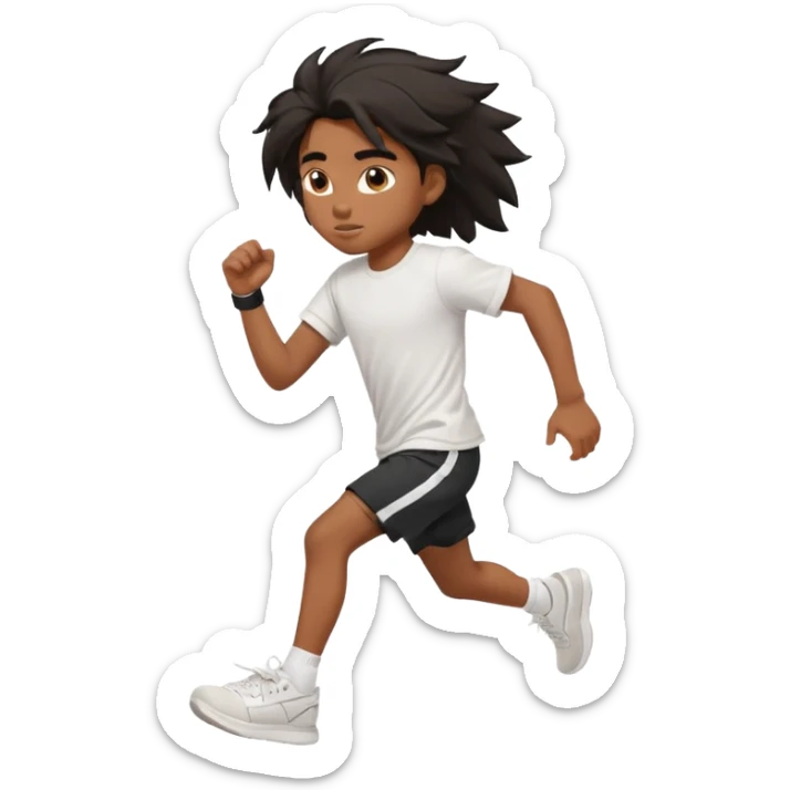 generate a pretty bratz brown skinned boy with black messy long hair wearing a white tshirt and black running shorts. running on the street with white sneakers sticker