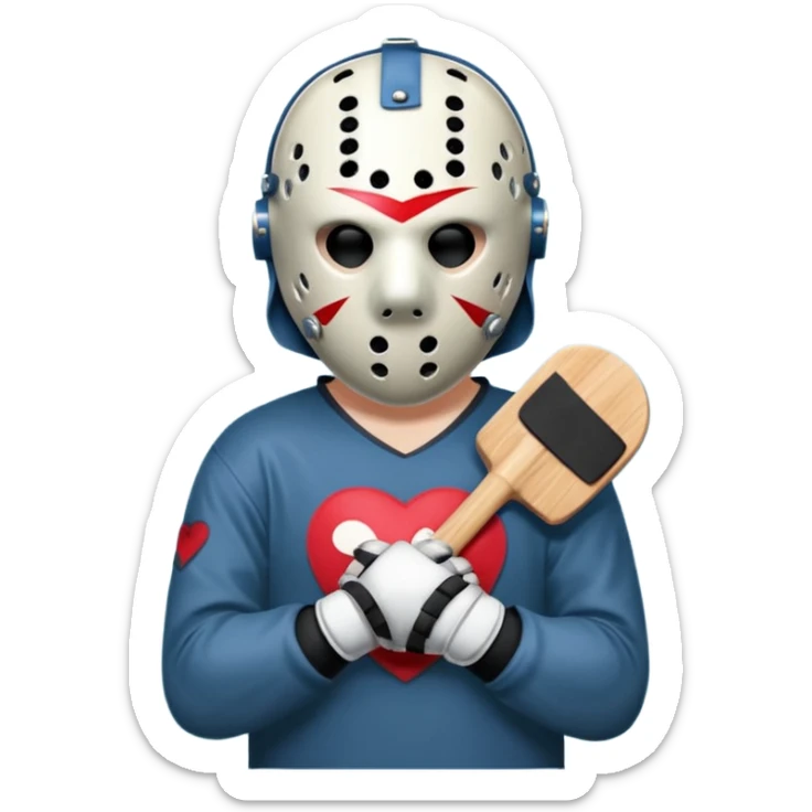 a cartoon image of Jason Voorhees, looking cute, with his hands clasped in front of him, at a sideways angle, looks like he is in love sticker