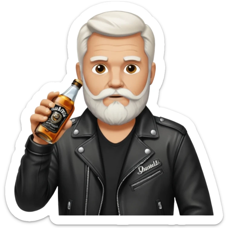 Un motero de barba blanca, chupa de cuero y bebiendo de una botella de Jack Daniel's. sticker