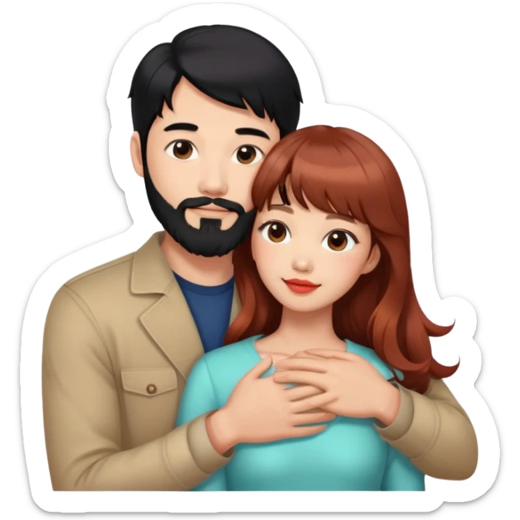 handsome tall asian man with black hair and beard, hugging cute woman with light tan skin and long wavy reddish brown hair with bangs and coral lipstick sticker