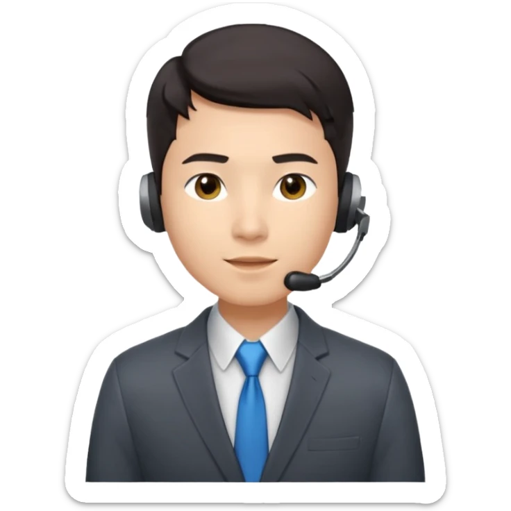 A young Asian man with smooth light skin, dark hair that swoops upward in the front, expressive eyes, a clean-shaven face, and a call-center style headset over one ear, usually paired with a crisp shirt and suit jacket visible from the chest up. sticker
