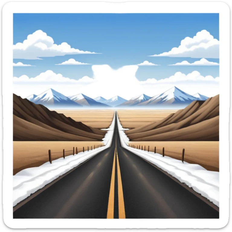 A long straight dirt road that disappears into the horizon half way up the screen from the perspective of someone sitting in the middle of the road looking down it. Flat snow fields on both sides of the road with huge looming mountains above the roads horizon line. sticker