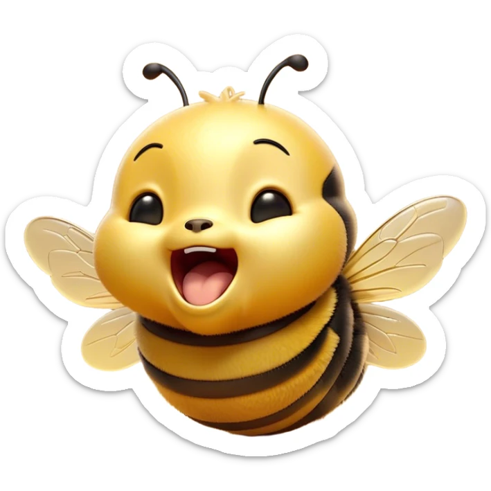 Cinematic Adorable Yawning Bee Portrait Emoji, Head tilted slightly with a dramatic, wide-open yawn, showcasing a tiny, fuzzy body with gently drooping wings and sleepy, half-closed eyes, Simplified yet irresistibly cute features, highly detailed, glowing with a soft, cozy golden glow, high shine, relaxed yet expressive, stylized with a dash of whimsical honey charm, soft glowing outline, capturing the essence of a drowsy bee that appears ready to stretch out for a nap! sticker