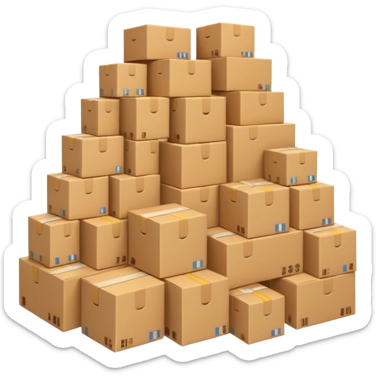 Generate a realistic emoji-style of a overfilled storage room where the packages dont have much space and falling over sticker
