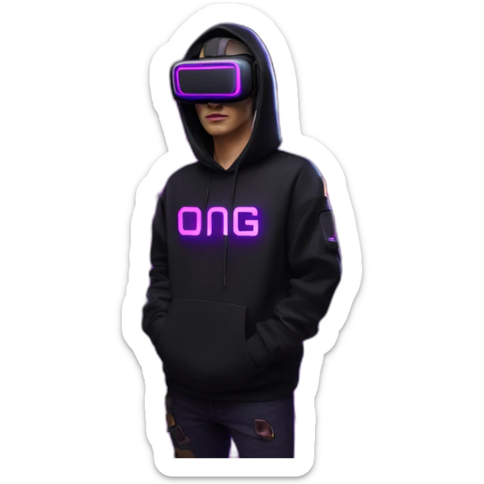 Alekséi Vorobiov wearing a black hoodie with "OMG" letters on it and VR headset in a cyberpunk VR environment with violet neon lighting. sticker