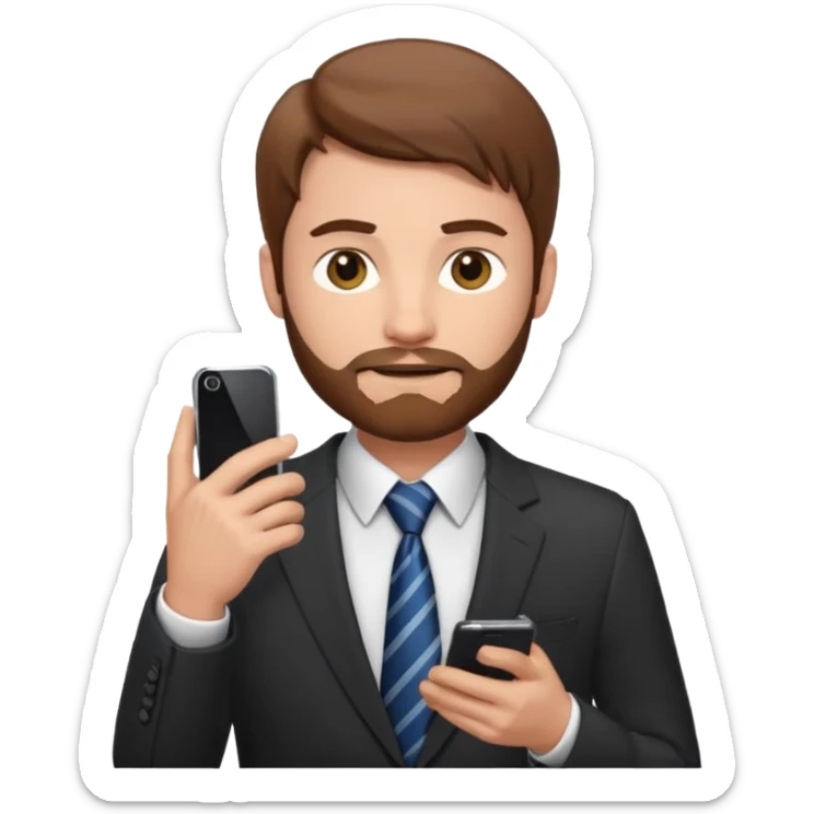 Un hombre con un poco de barba,  de traje con tez clara pelo color castaño, vestido con traje camisa y corbata y celular en mano .  sticker