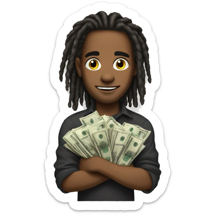 young hustler with dread lock hair with lots of money in both hands sticker