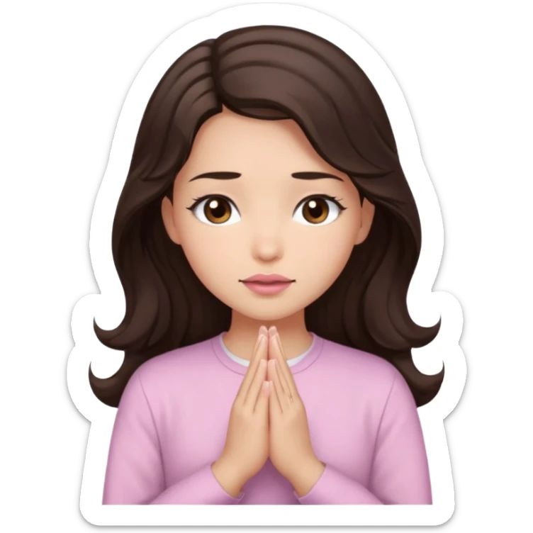 girl with wavy long glamorous dark brown hair, brown eyes, light to medium complexion, long lashes, light pink lipstick, praying, wearing light pink shirt sticker