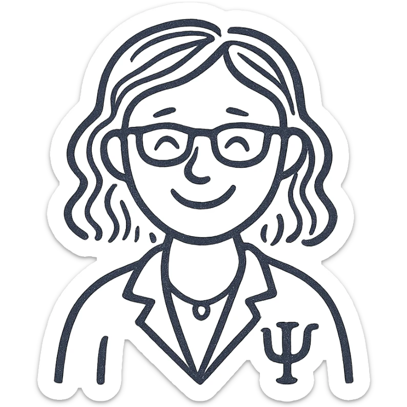 woman psychologist with red hair, smiling, hand-drawn black outline sticker