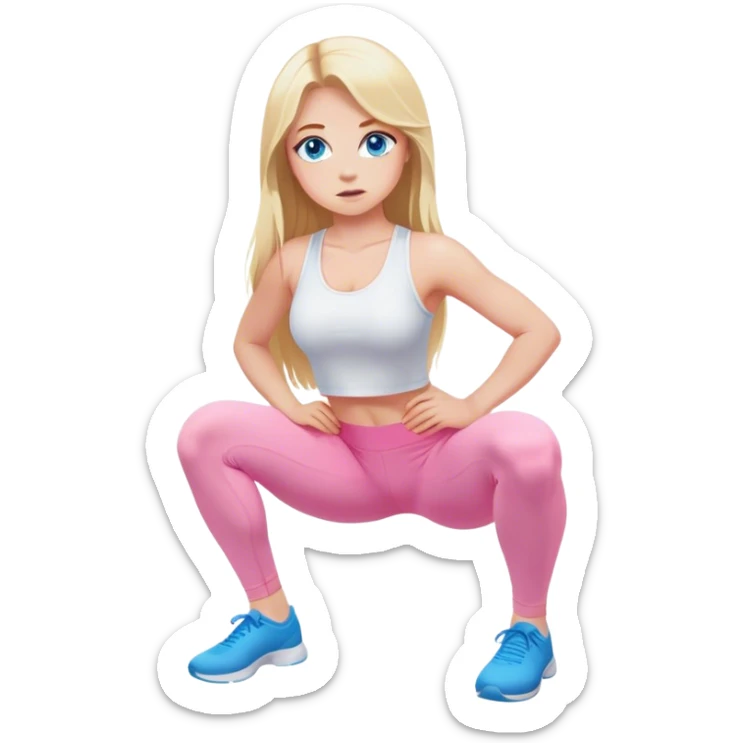 Cinematic realistic blonde with long hair and blue eyes, dressed in a white top and pink leggings, squats sticker
