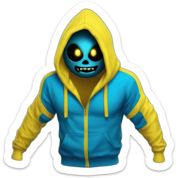 banana dominus hoodie with yello blue scary demon eyes sticker