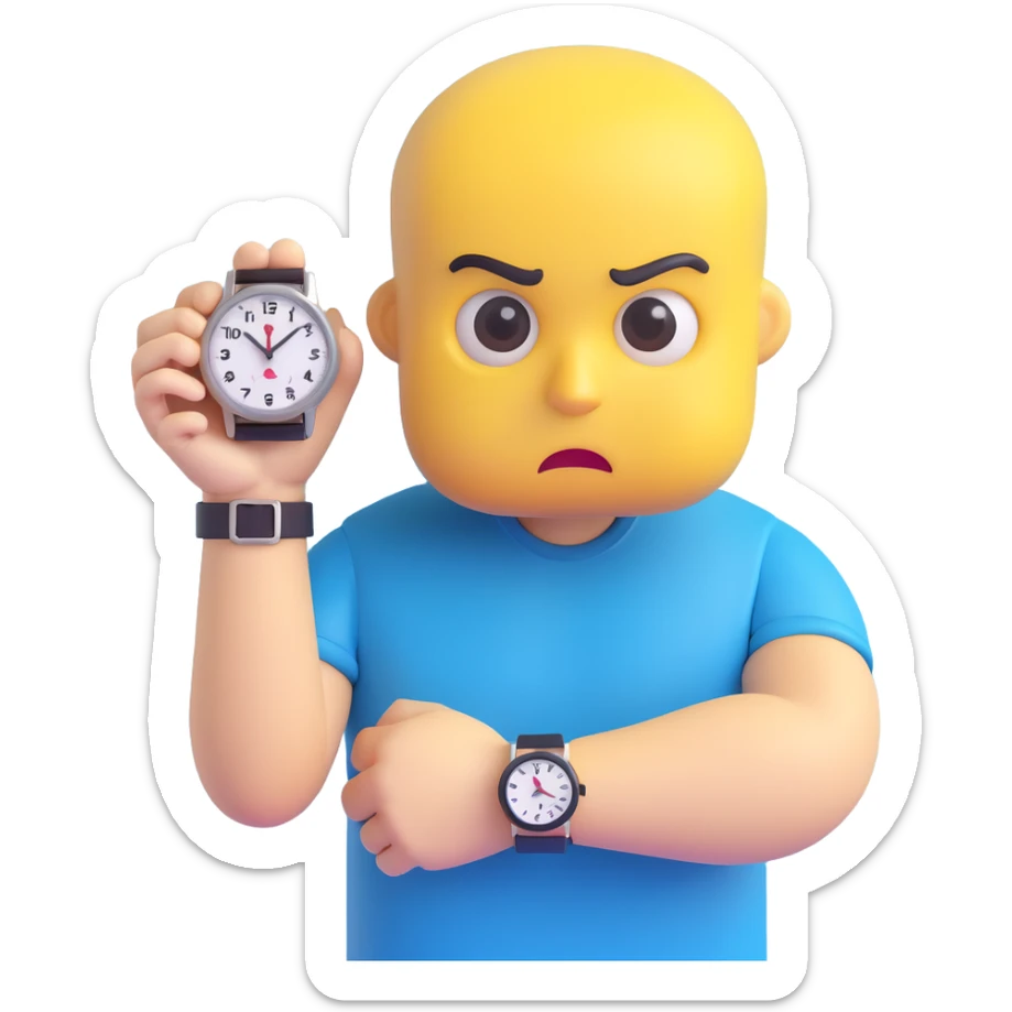 A yellow emoji face with a worried expression, looking at a wristwatch with raised eyebrows, showing urgency and stress sticker