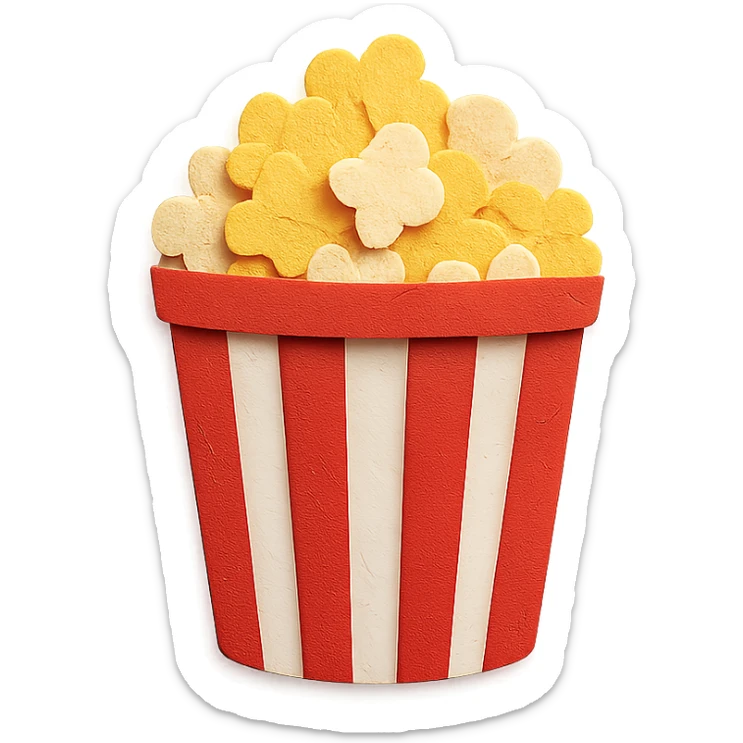 red and white striped movie theater popcorn bucket with buttered popcorn sticker