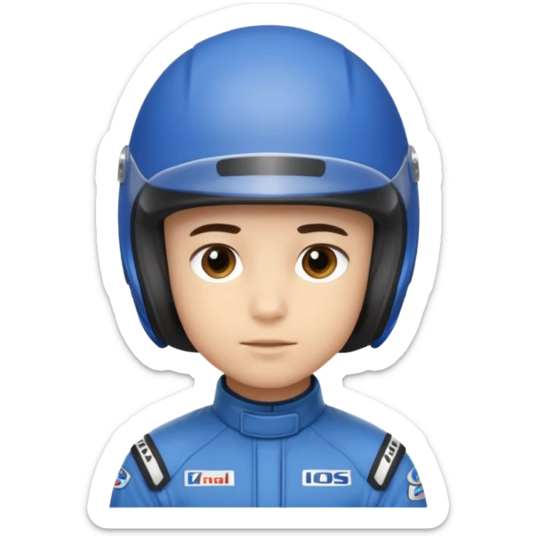 A light-skinned boy with short dark hair, wearing a blue racing helmet and an oval face with a neutral look. sticker