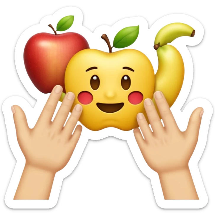 Una mano emoji amarilla al estilo de Apple iOS haciendo un gesto único: el dedo índice apuntando hacia arriba, los dedos medio y anular doblados hacia adentro, y el pulgar tocando el meñique sticker