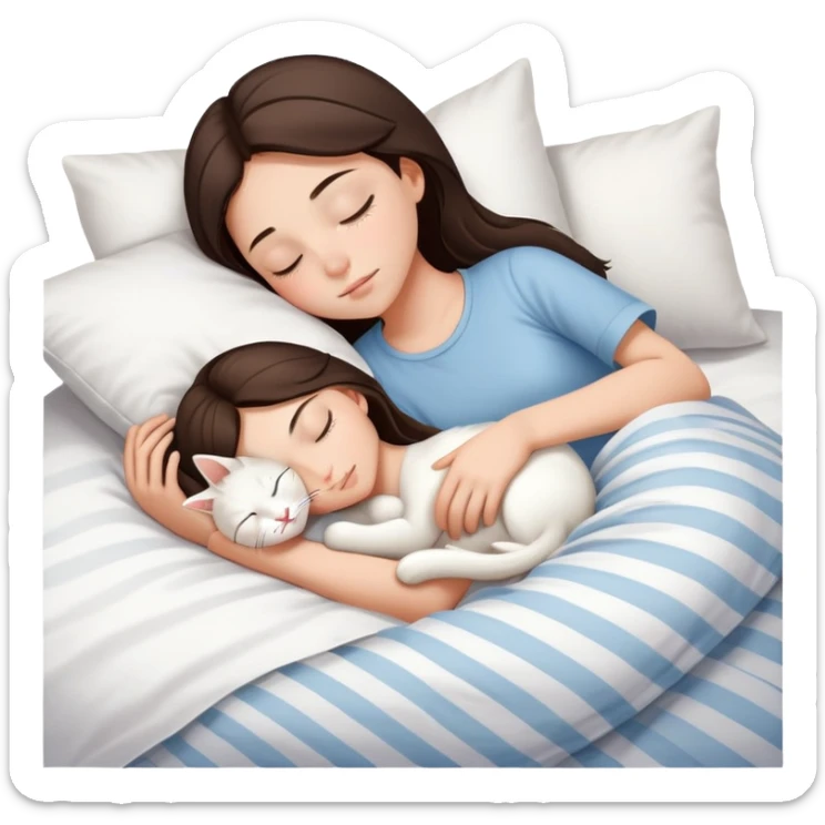 side view brunette teenage girl sleeping with white cat that has beige stripes on a white pillow with white sheets sticker