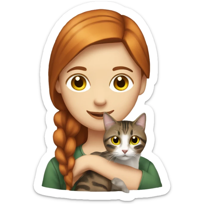 red haired girl with green eyes holding a brown and gray tabby cat with yellow eyes sticker