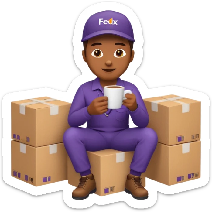 emoji of FedEx delivery man is sipping coffee while sitting on the boxes sticker