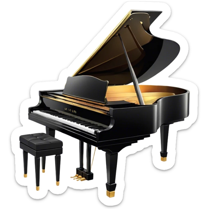 Cinematic Realistic Piano, glossy black grand piano with elegantly curved edges, pristine white and black keys, soft golden light reflecting off its polished surface, faint reflections of a musician’s hands, glowing with refined elegance and musical depth. sticker