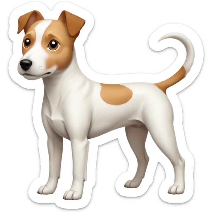 a full body facing front on of a buff white parson russell terrier looking dog the size of a kelpie with light brown long ears resting on its face and a light brown patch on one eye and a large snout. the rest of the dog is completely white.  sticker