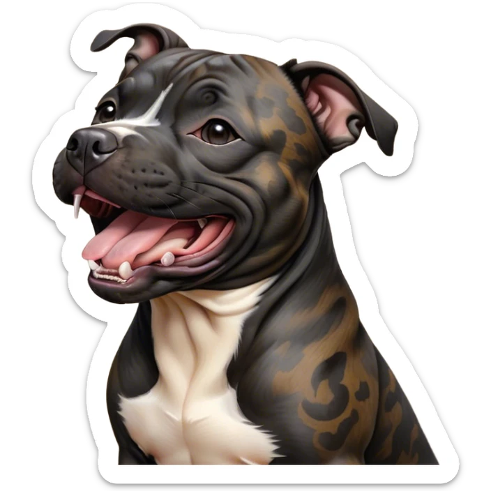 Cinematic Cute Yawning Black/Brindle Staffordshire Bull Terrier Portrait Emoji, Head tilted slightly with a dramatic, wide-open yawn, showcasing a smooth Fur with a striking black and brindle pattern, floppy ears slightly drooping, round dark eyes barely open in drowsy contentment, Simplified yet irresistibly adorable features, highly detailed, glowing with a soft, cozy glow, high shine, relaxed yet expressive, stylized with a touch of whimsy, bright and endearing, soft glowing outline, capturing the essence of a sleepy yet affectionate guardian, so drowsy it feels like it could stretch right out of the screen and curl up for a nap! sticker