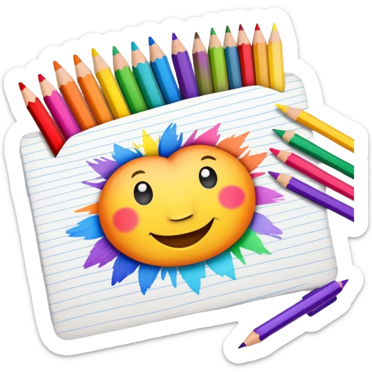 colorful drawing on paper with crayons and pencils nearby, fun and inviting sticker