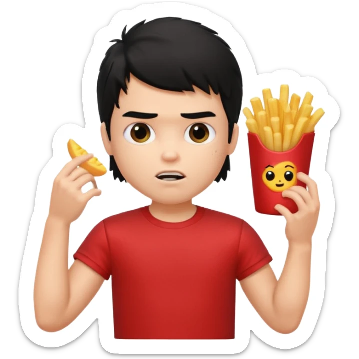 generate a pretty fair bratz boy with a messy mullet (black hair), wearing a red tshirt. eating fries, big biceps sticker