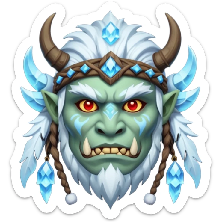 Fantasy Christmas orc shaman icon, ice spirit magic theme, glowing runes, winter tribal mask elements, mystical cold atmosphere, emoji sized portrait, male/female variant
 sticker