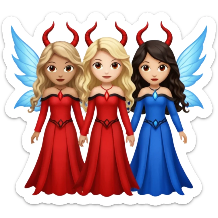 Three women as devil fairies with wings, brown eyed light skin with dark blonde long hair and Brown eyed light skin black long wavy hair and blue eyed light skin long blonde hair sticker