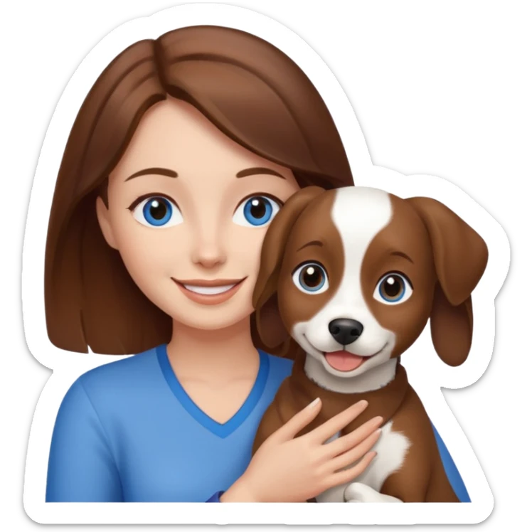 Blue eyes brown haired woman holding a brown and white dog sticker
