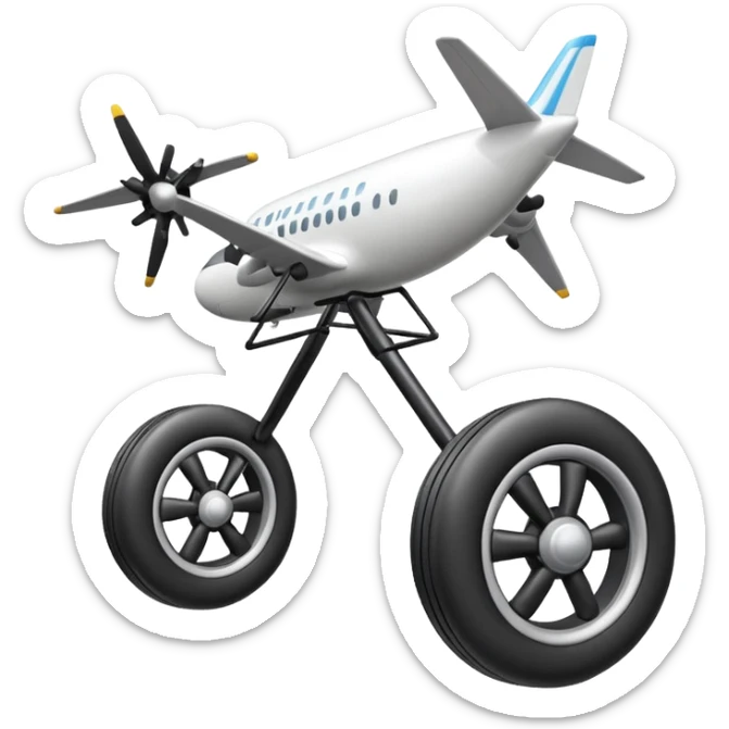 Emoji-style airplane landing gear with a single inflated, puffy wheel and a strut, cartoon-like, 3D, soft rounded shapes, clean lines, isolated on white background, minimal shading, emoji aesthetic sticker