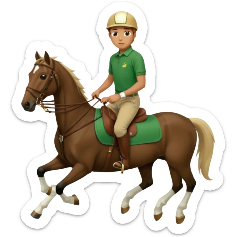 a boy in green rl polo polo tshirt with beig breaches and brown boots on black polo horse with white blaze sticker