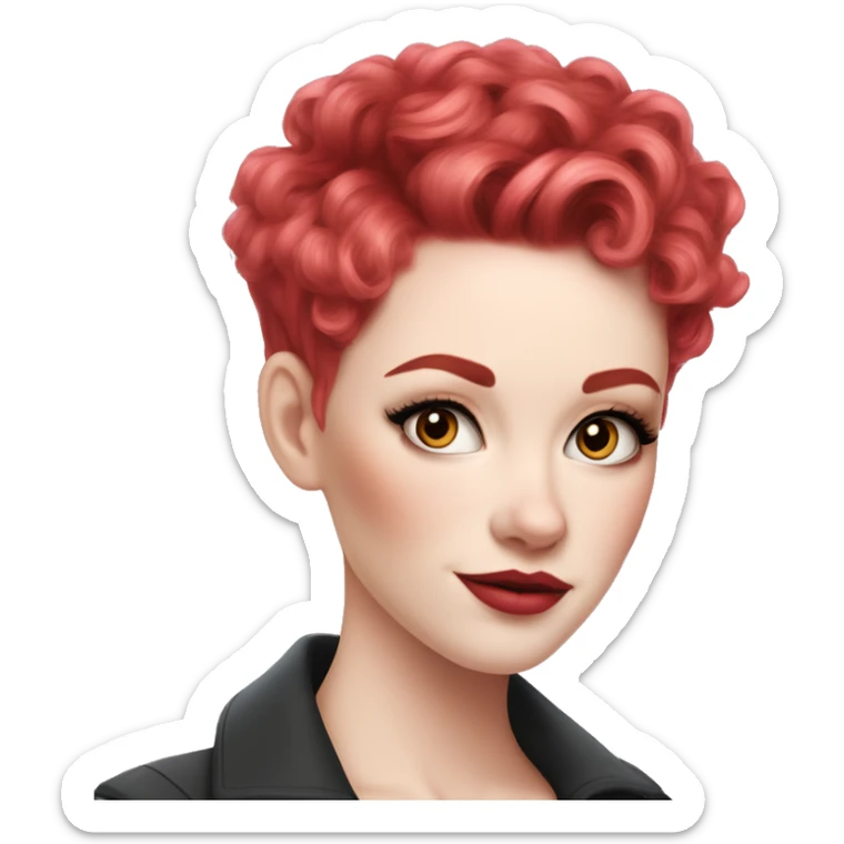 Woman with very pale skin, with bright red pixie cut curly hair, heavy eye makeup, cat eyeliner, long eyelashes, bright pink blush and bright pink lipstick  sticker