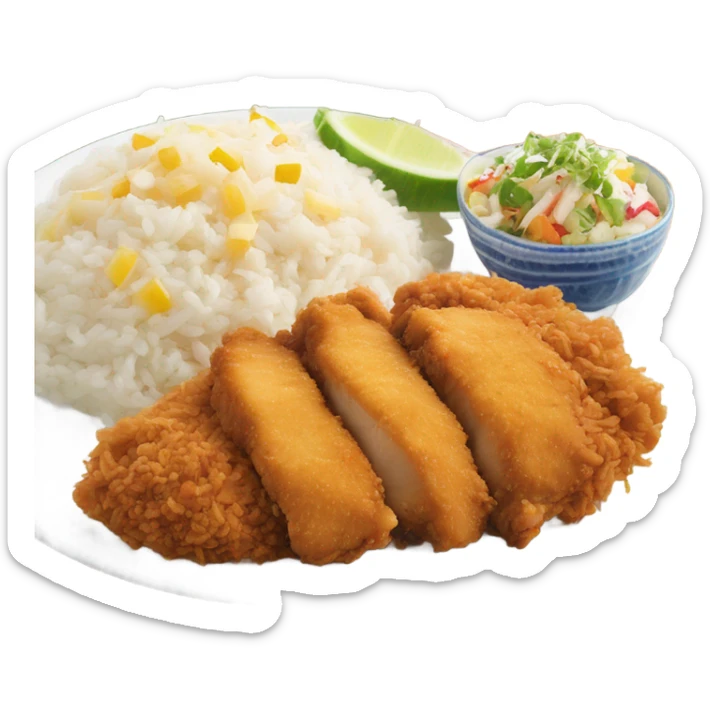 Hawaiian chicken katsu with white rice and Hawaiian Mac salad on plate sticker