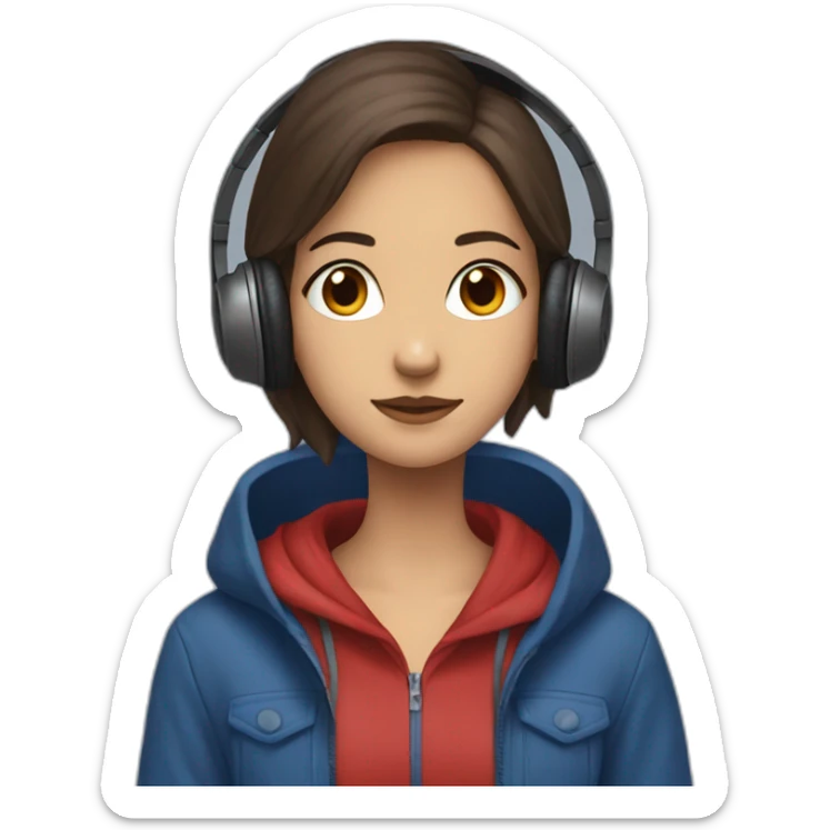 Lo-fi girl studing headphones, blue jacket, red hoodie sticker